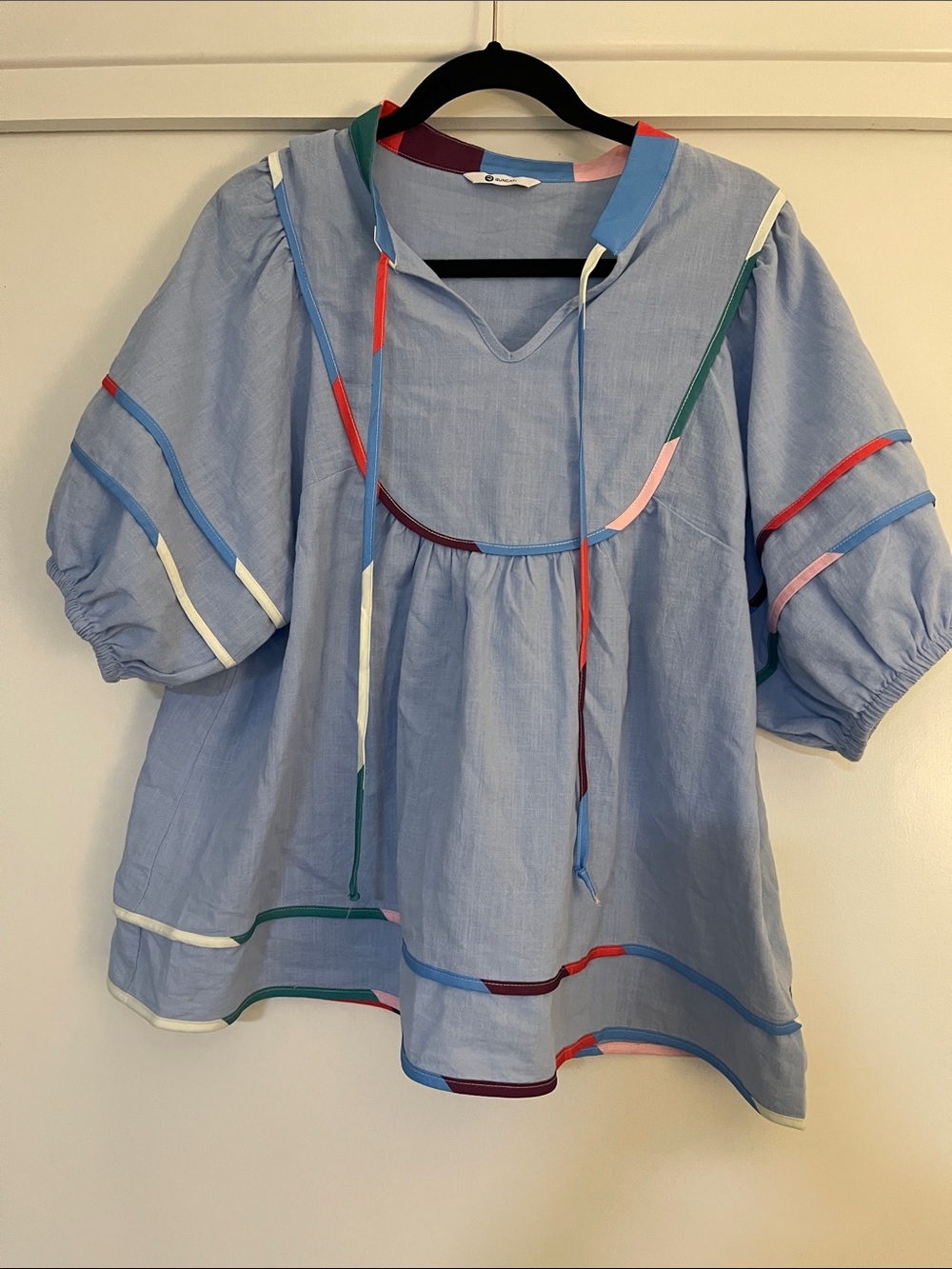 Light Blue Women’s Peasant Top with Multicolor Trim